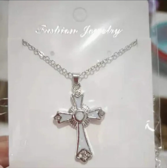Jewelry - ✝️✝️NEW✝️✝️BEAUTIFUL!! White Fire Opal Cross Necklace with Tiny CZ'S